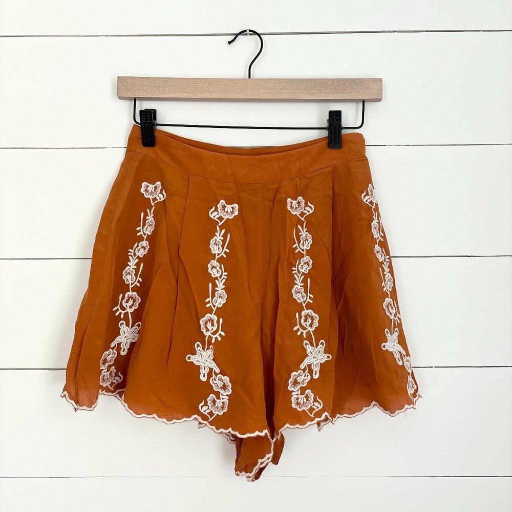 Show Me Your MuMu 100% silk orange with white embroidery shorts